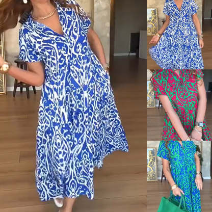 🔥👗【S-5XL】Women's elegant casual printed V-neck dress🌸