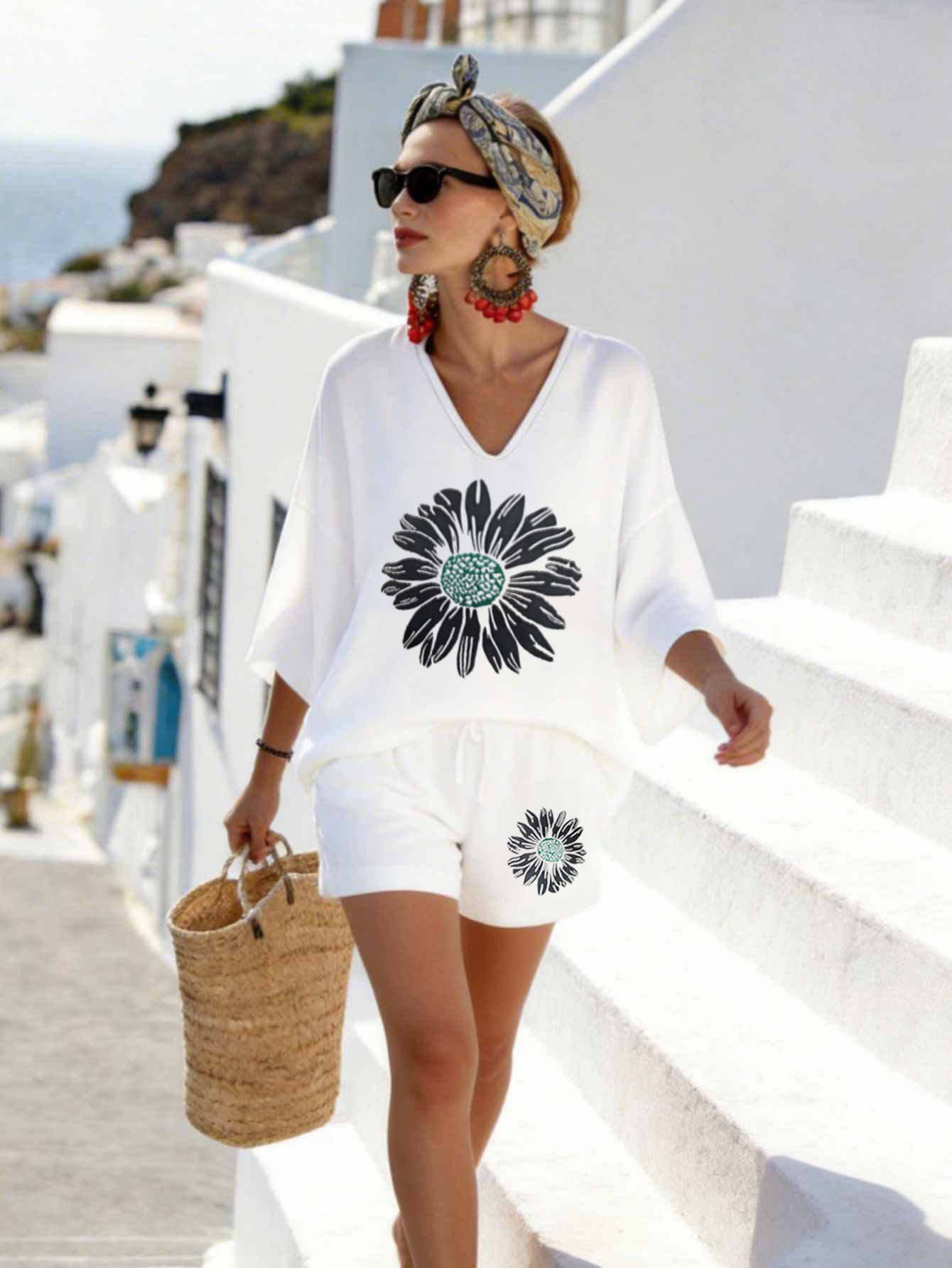 Women's Floral Printed Leisure Vacation Shorts Set