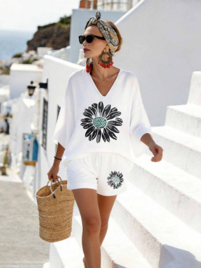 Women's Floral Printed Leisure Vacation Shorts Set