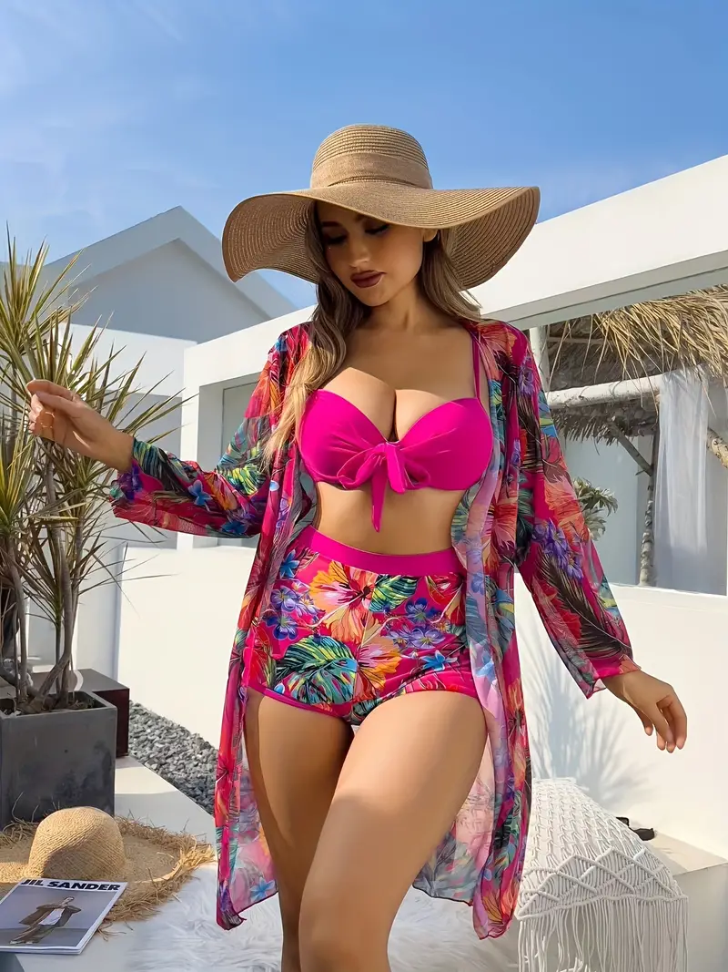 tropical print 3 piece set bikini tie front boxer short bottom with long sleeves cover up shirt swimsuits womens swimwear clothing for holiday rose red 0