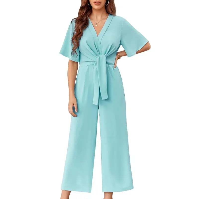Womens Wide Leg Jumpsuits Short Sleeve V Neck Tie Knot High Waist Summer Long Romper