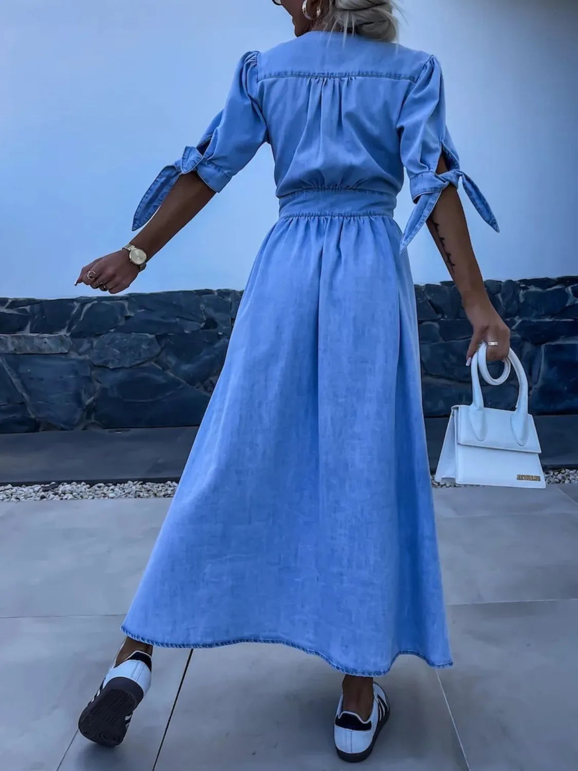 Button Front V-Neck Half Sleeve Denim Dress