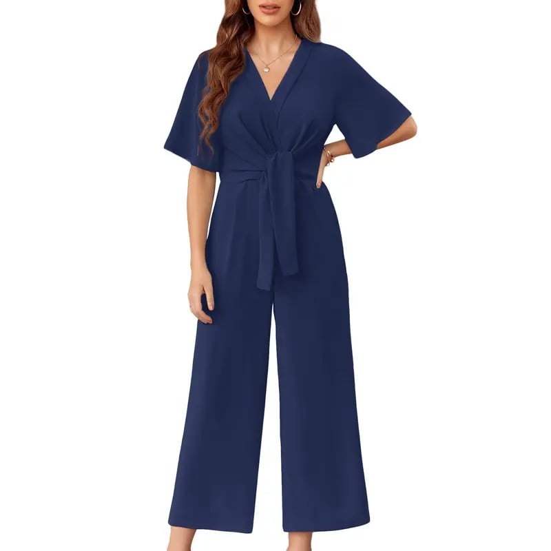 Womens Wide Leg Jumpsuits Short Sleeve V Neck Tie Knot High Waist Summer Long Romper