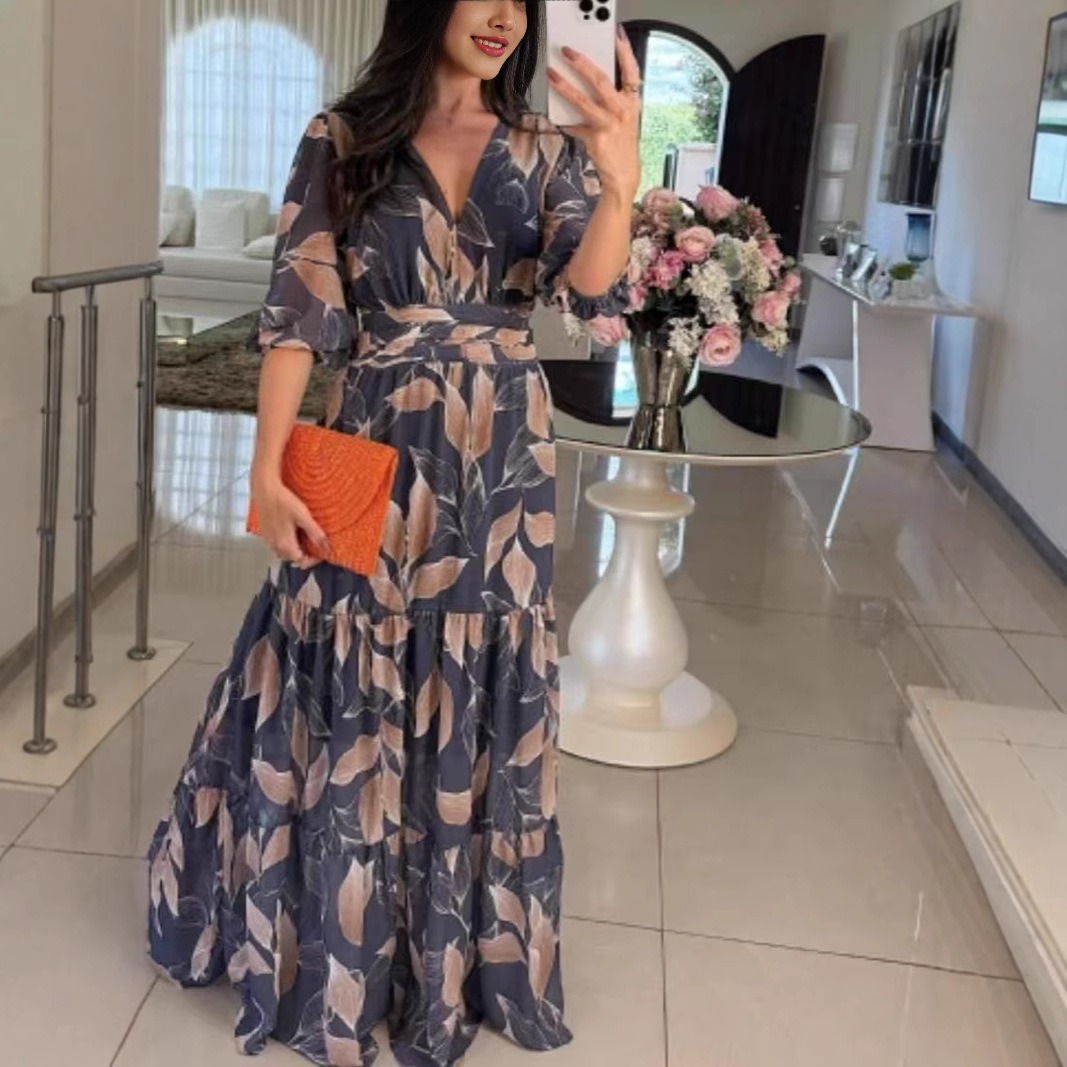Women's New Summer V-Neck Fashionable Elegant Printed Midi Dress