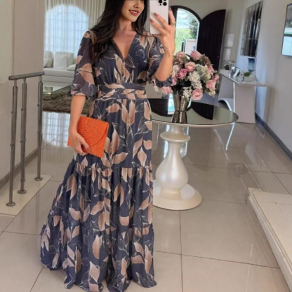 Women's New Summer V-Neck Fashionable Elegant Printed Midi Dress