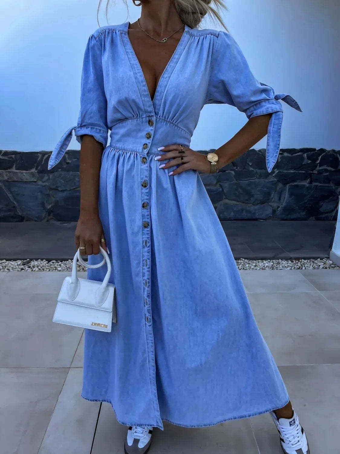 Button Front V-Neck Half Sleeve Denim Dress