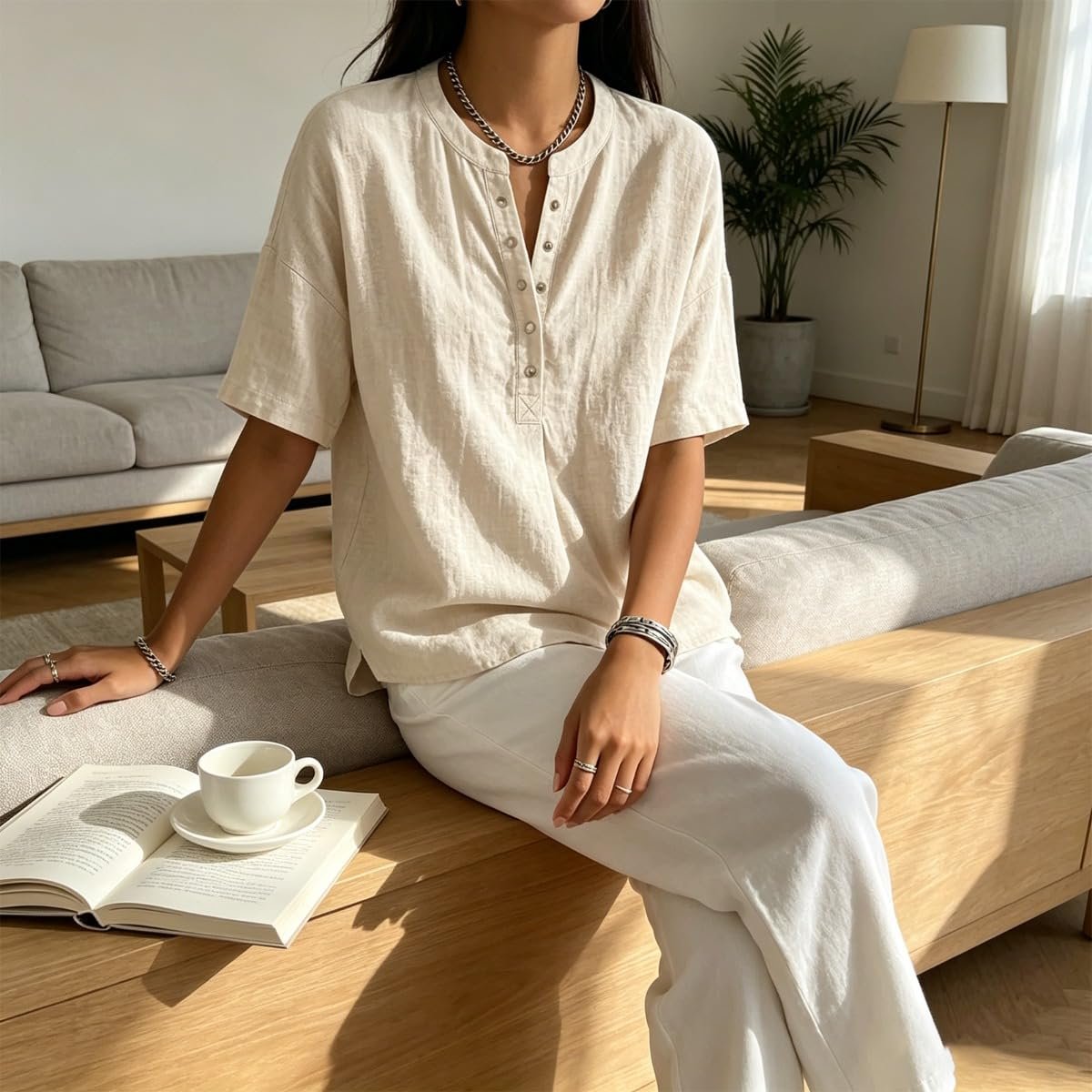 New Arrivals🔥Women's Casual Henley Collar Linen And Cotton Short-sleeve Shirt
