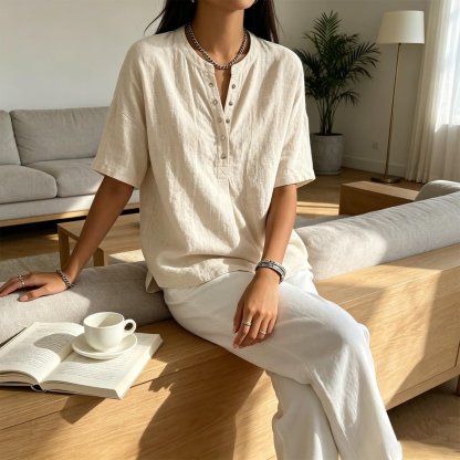 New Arrivals🔥Women's Casual Henley Collar Linen And Cotton Short-sleeve Shirt