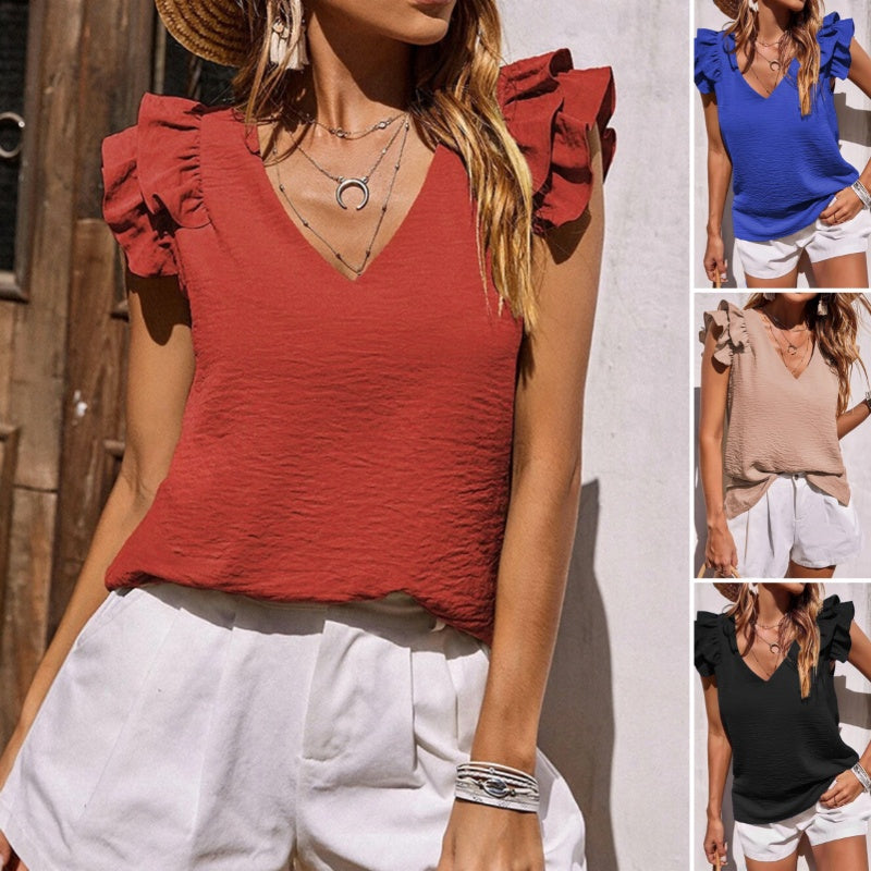 [S-2XL]👚Elastyczny top z falbanką bez rękawów z dekoltem w serek