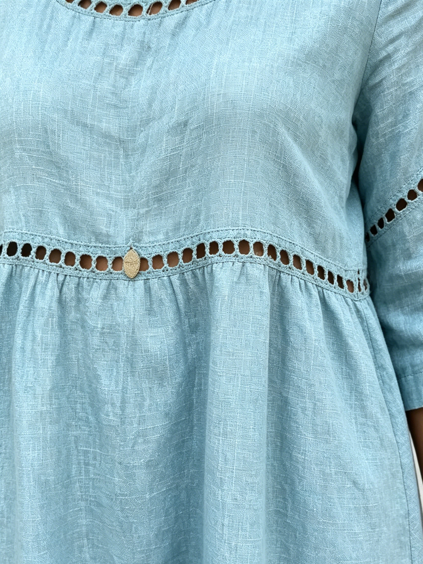 Cotton and Linen Side Split Neck Loose 7-point Sleeve Hollow Holiday Dress