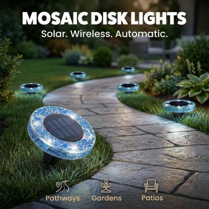 Solar Mosaic Disk Garden Lights – Waterproof, Auto-Sensing LED Pathway Lamps for UK Gardens, Patios & Stepping Stones