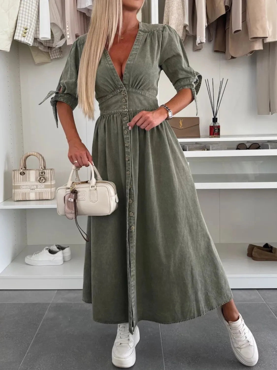 Button Front V-Neck Half Sleeve Denim Dress