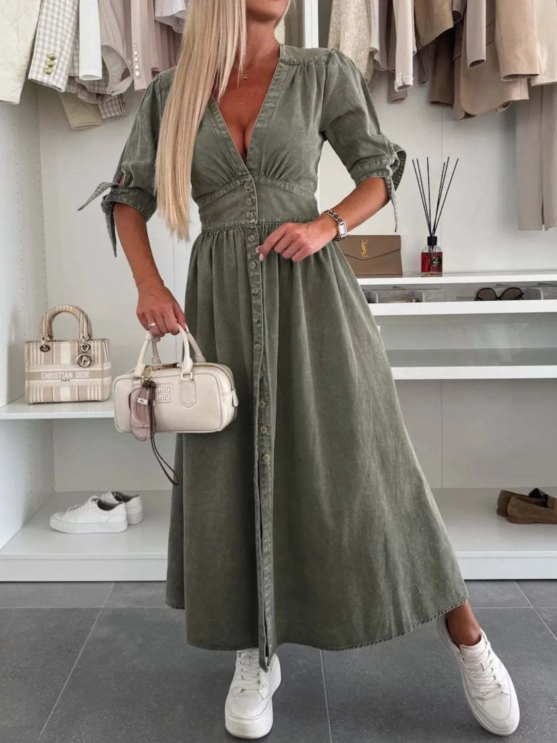 Button Front V-Neck Half Sleeve Denim Dress