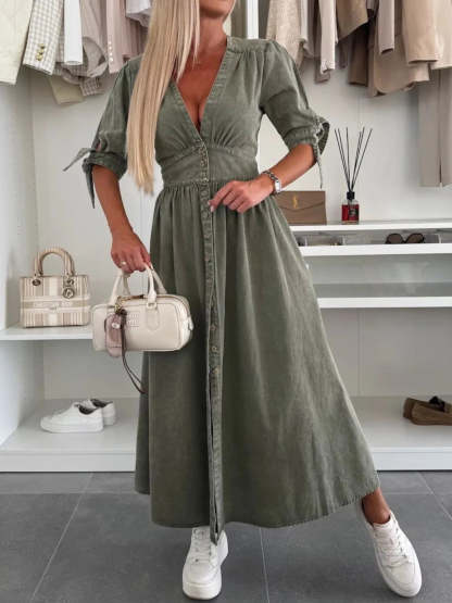 Button Front V-Neck Half Sleeve Denim Dress