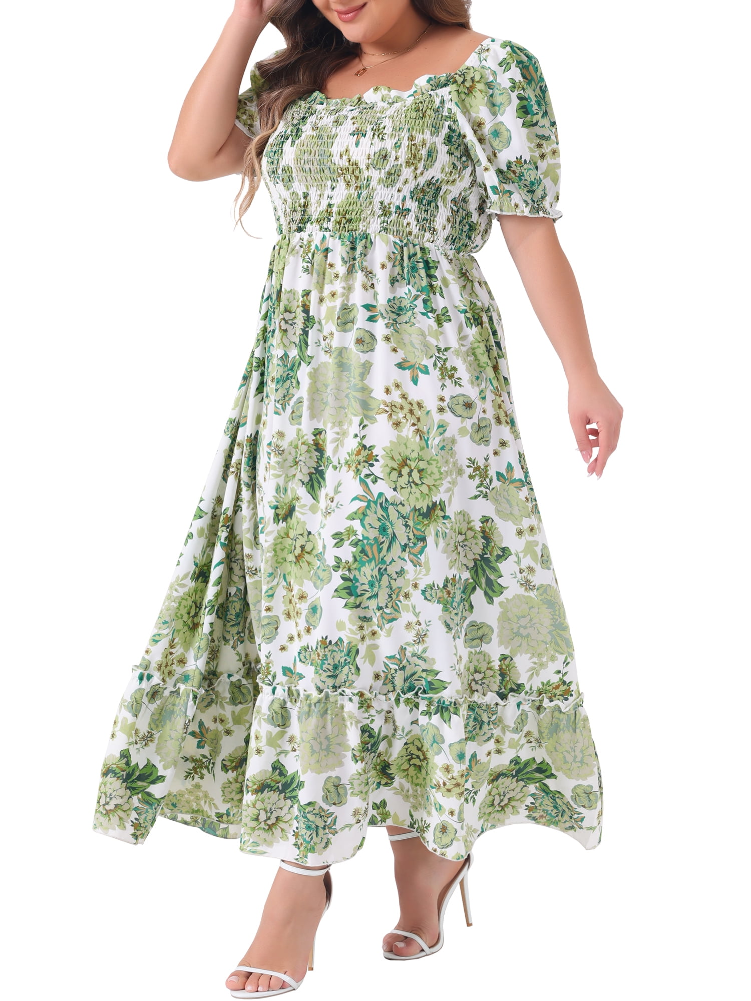 Women's Plus Size Square Neck Short Sleeve Smocked Boho Floral Maxi Dresses
