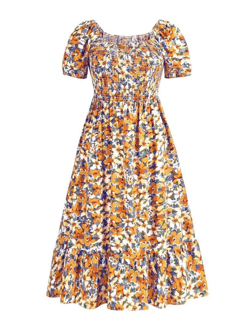 Frenchy Style Ditsy Floral Print Puff Sleeve A Line Maxi Dress, Square Neck Shirred Dress