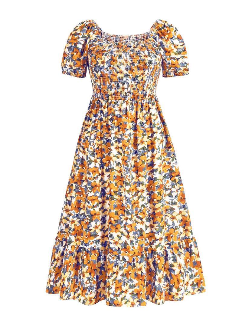 Frenchy Style Ditsy Floral Print Puff Sleeve A Line Maxi Dress, Square Neck Shirred Dress