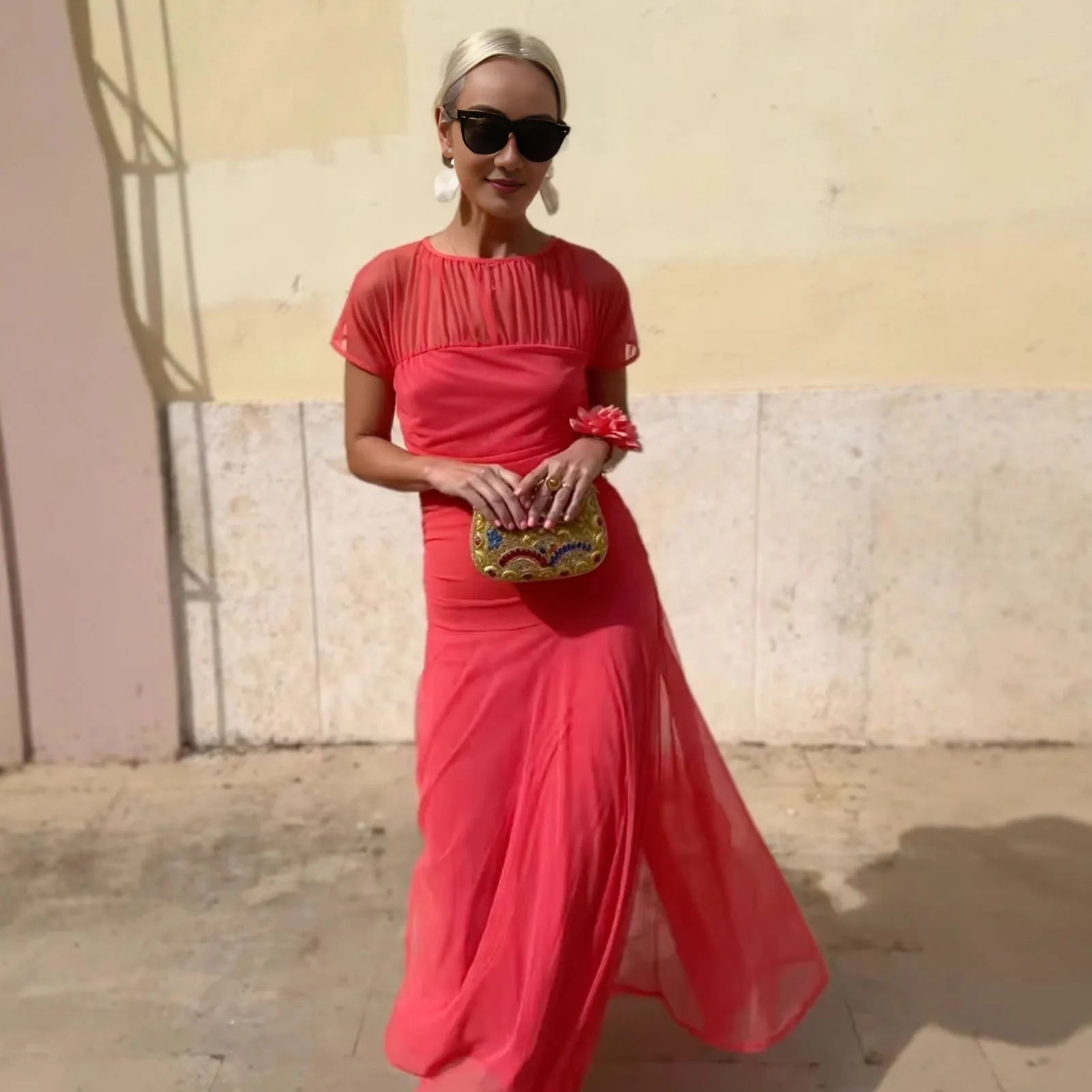 Maxi Dress with Sheer Short Sleeves and Tiered Skirt