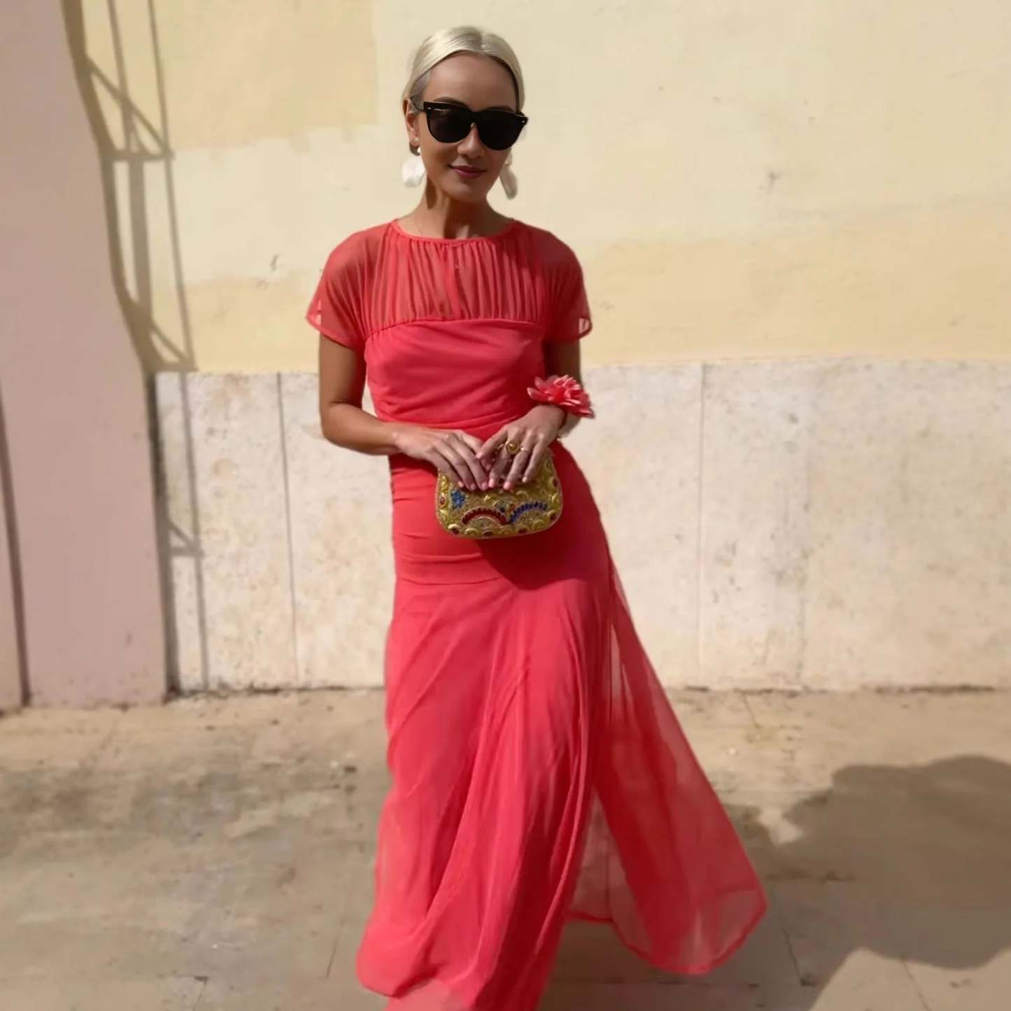 Maxi Dress with Sheer Short Sleeves and Tiered Skirt