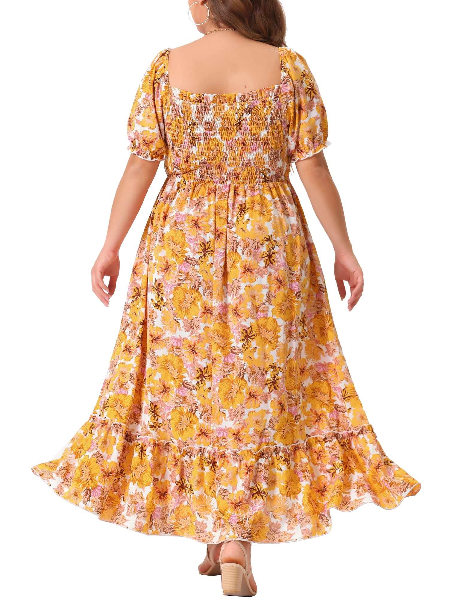 Women's Plus Size Square Neck Short Sleeve Smocked Boho Floral Maxi Dresses