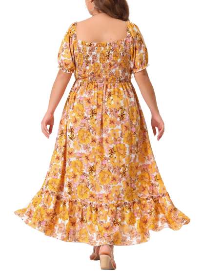 Women's Plus Size Square Neck Short Sleeve Smocked Boho Floral Maxi Dresses