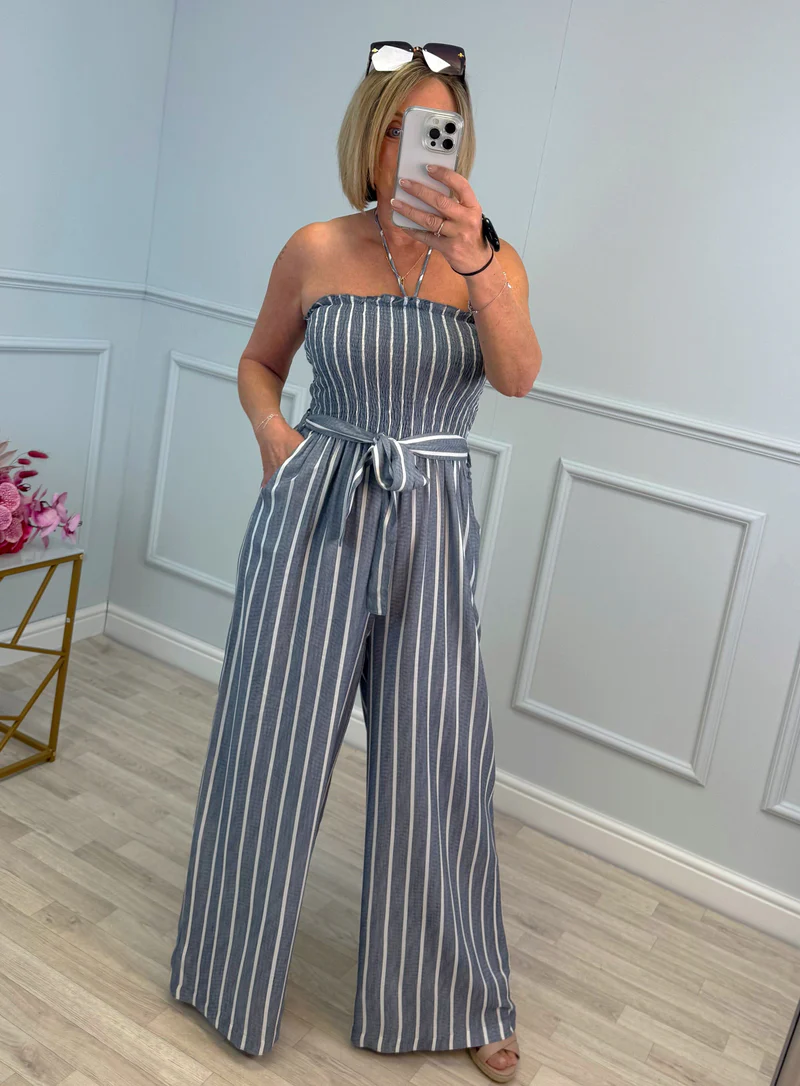 Pinstripe Shirred Tie Neck Jumpsuit