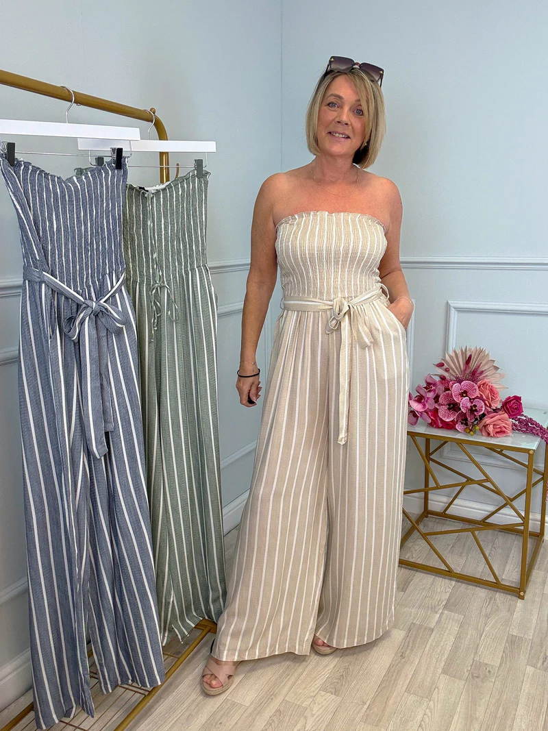 Pinstripe Shirred Tie Neck Jumpsuit