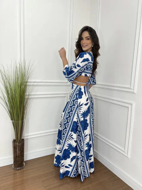 Unique Print Cutout Elastic Waist Tie-up Kimono Sleeve Maxi Dress