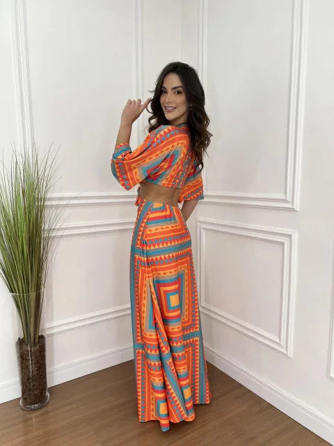 Unique Print Cutout Elastic Waist Tie-up Kimono Sleeve Maxi Dress