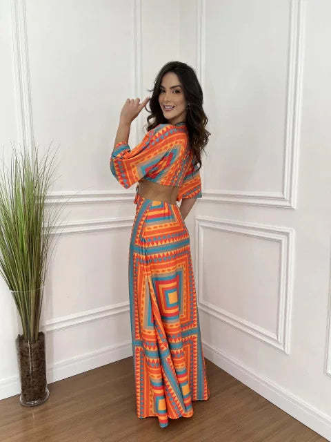 Unique Print Cutout Elastic Waist Tie-up Kimono Sleeve Maxi Dress