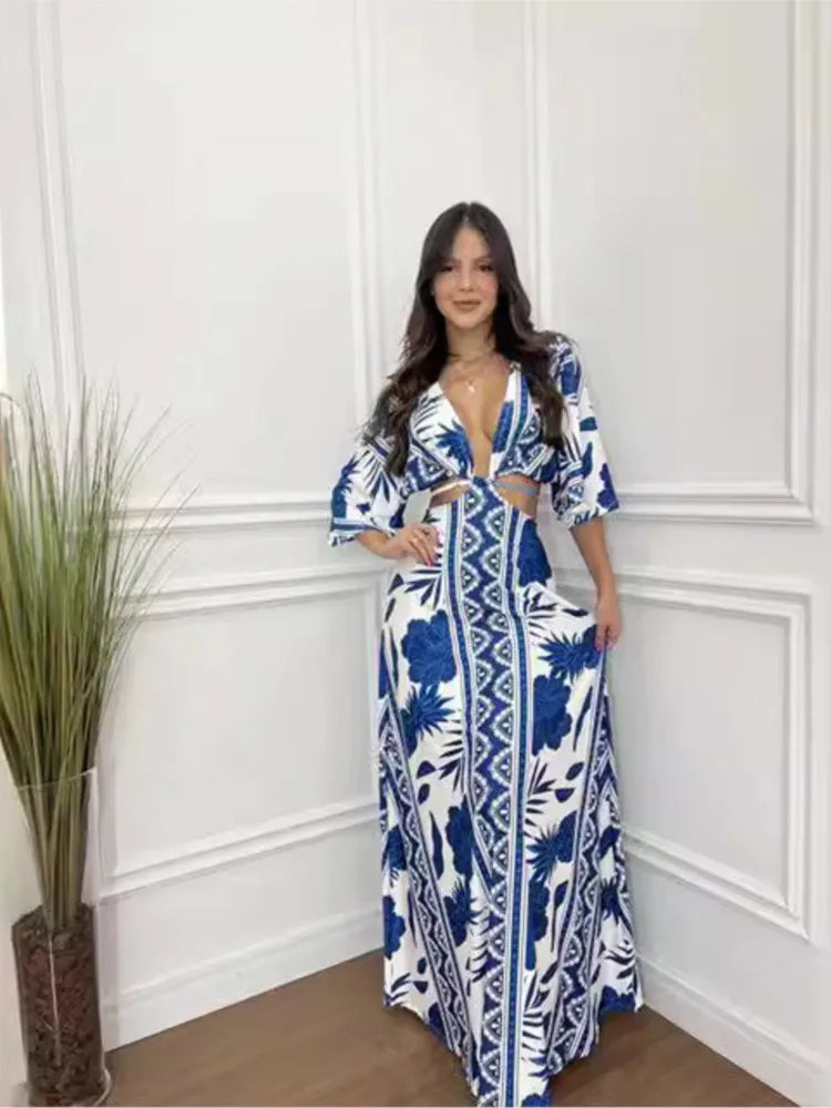 Unique Print Cutout Elastic Waist Tie-up Kimono Sleeve Maxi Dress