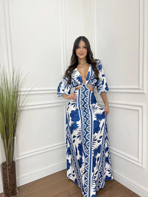 Unique Print Cutout Elastic Waist Tie-up Kimono Sleeve Maxi Dress