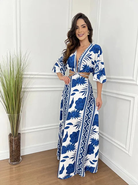 Unique Print Cutout Elastic Waist Tie-up Kimono Sleeve Maxi Dress