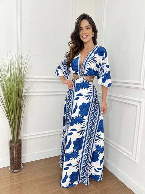 Unique Print Cutout Elastic Waist Tie-up Kimono Sleeve Maxi Dress