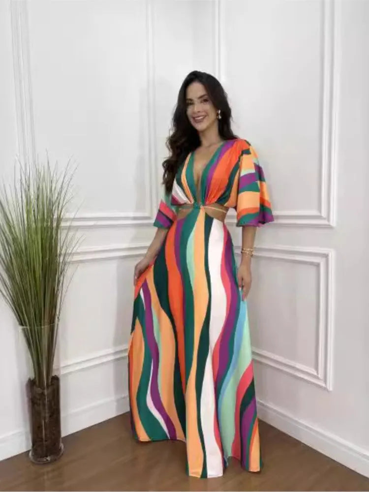Unique Print Cutout Elastic Waist Tie-up Kimono Sleeve Maxi Dress