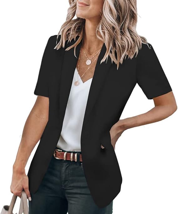 Women's Short Sleeve Casual Blazer Lapel Open Front Work Office Jacket