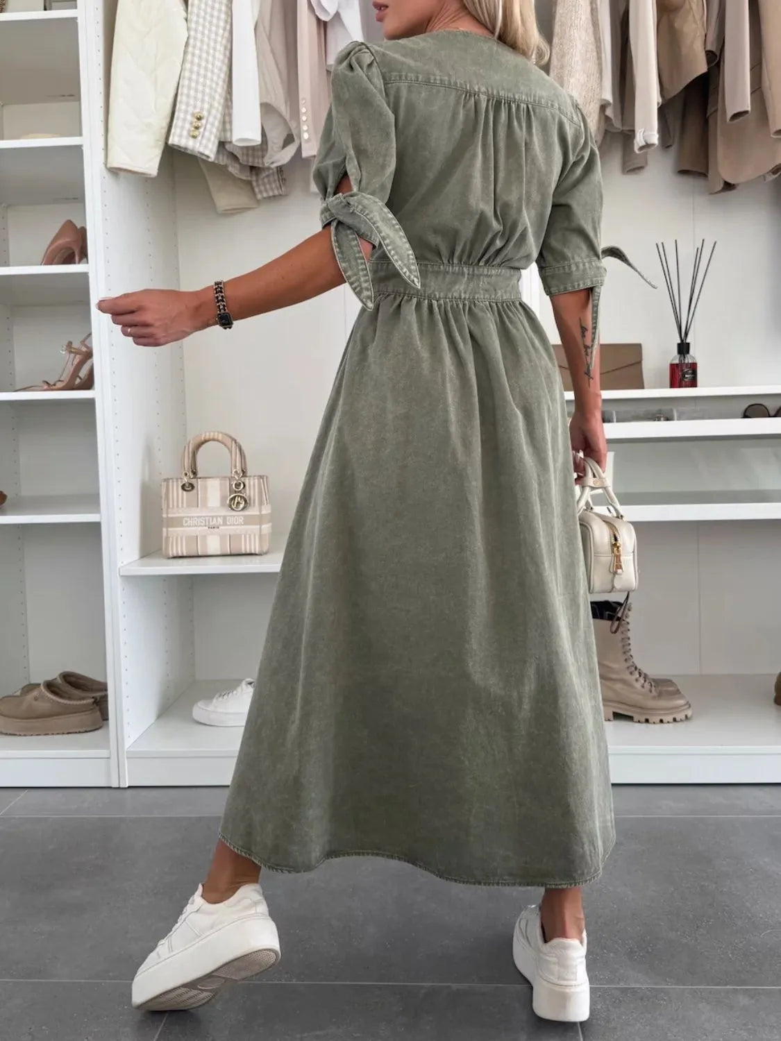 Button Front V-Neck Half Sleeve Denim Dress