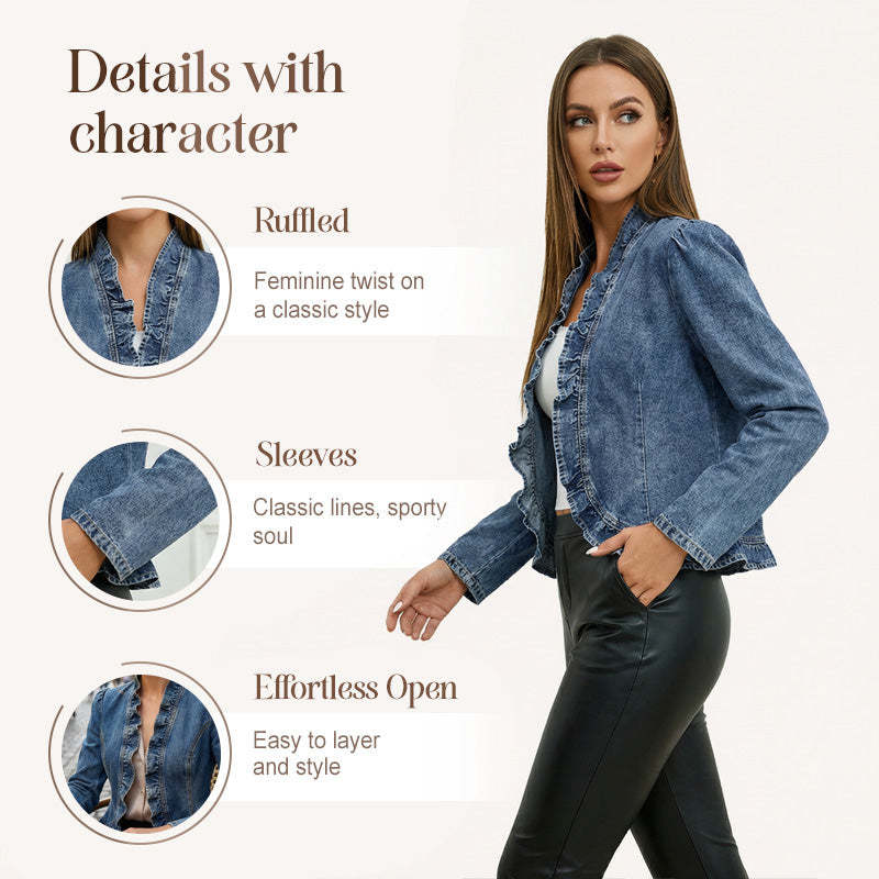 🥳2026 HOT SALE🥳💞👵☀️ 50% OFF! Open-Front Denim Jacket – No buttons, easy on/off. Flattering ruffle trim, breathable fabric. Classic blue wash. A versatile wardrobe staple. 🌿✅