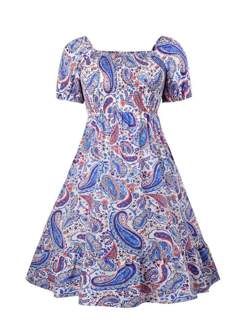 Frenchy Style Ditsy Floral Print Puff Sleeve A Line Maxi Dress, Square Neck Shirred Dress