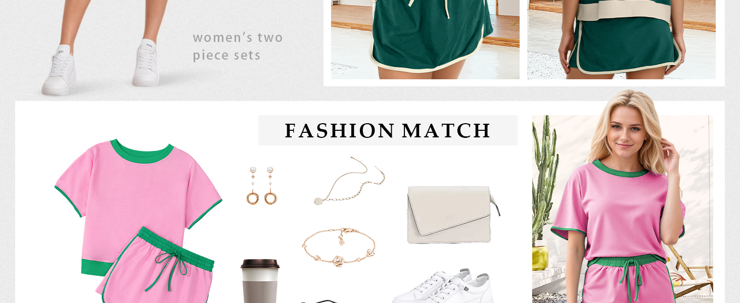 Women's 2 Piece Sets Summer Casual Short Sleeve Tops Matching Drawstring Mini Skirt