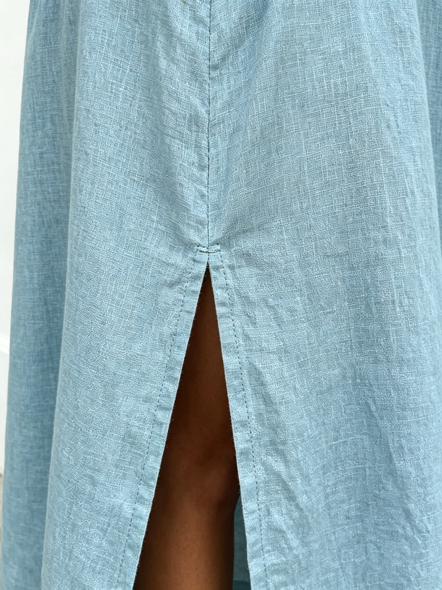 Cotton and Linen Side Split Neck Loose 7-point Sleeve Hollow Holiday Dress