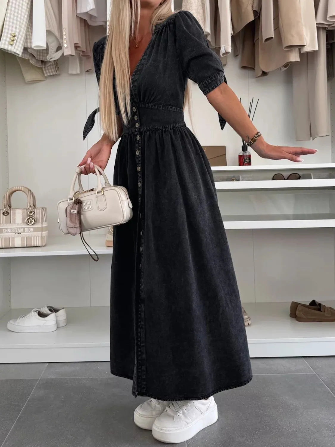 Button Front V-Neck Half Sleeve Denim Dress