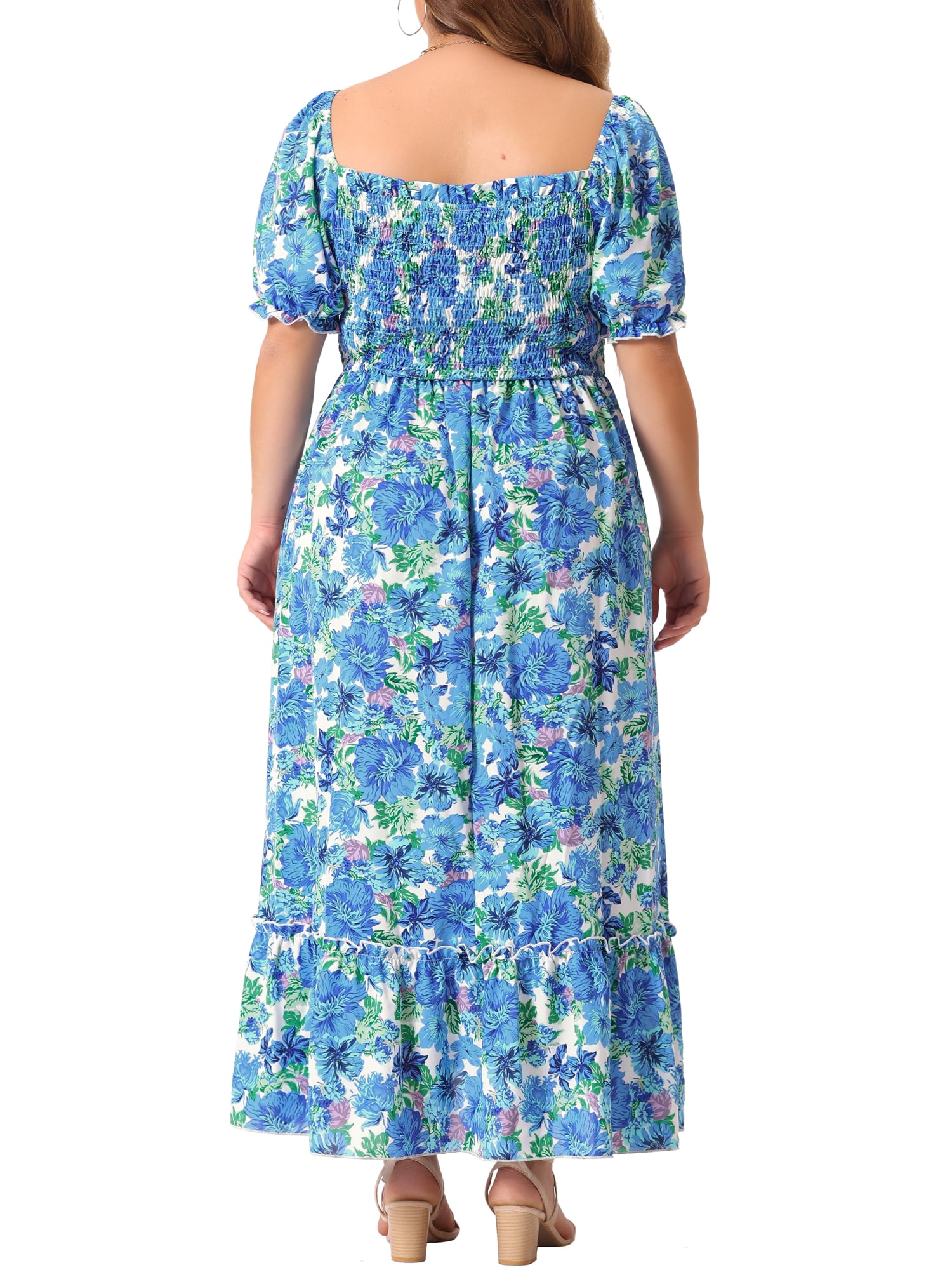 Women's Plus Size Square Neck Short Sleeve Smocked Boho Floral Maxi Dresses
