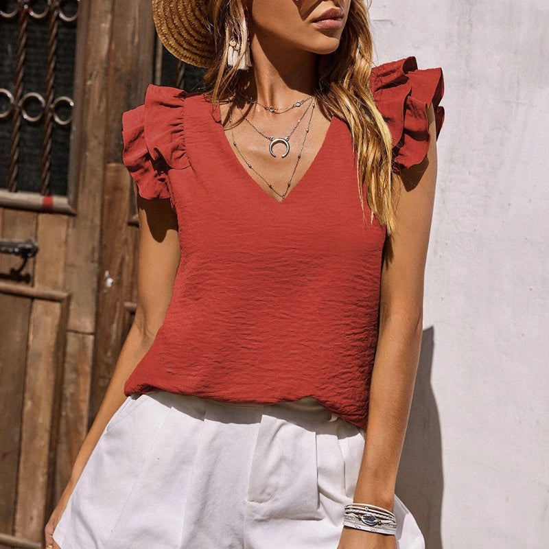 [S-2XL]👚Elastyczny top z falbanką bez rękawów z dekoltem w serek