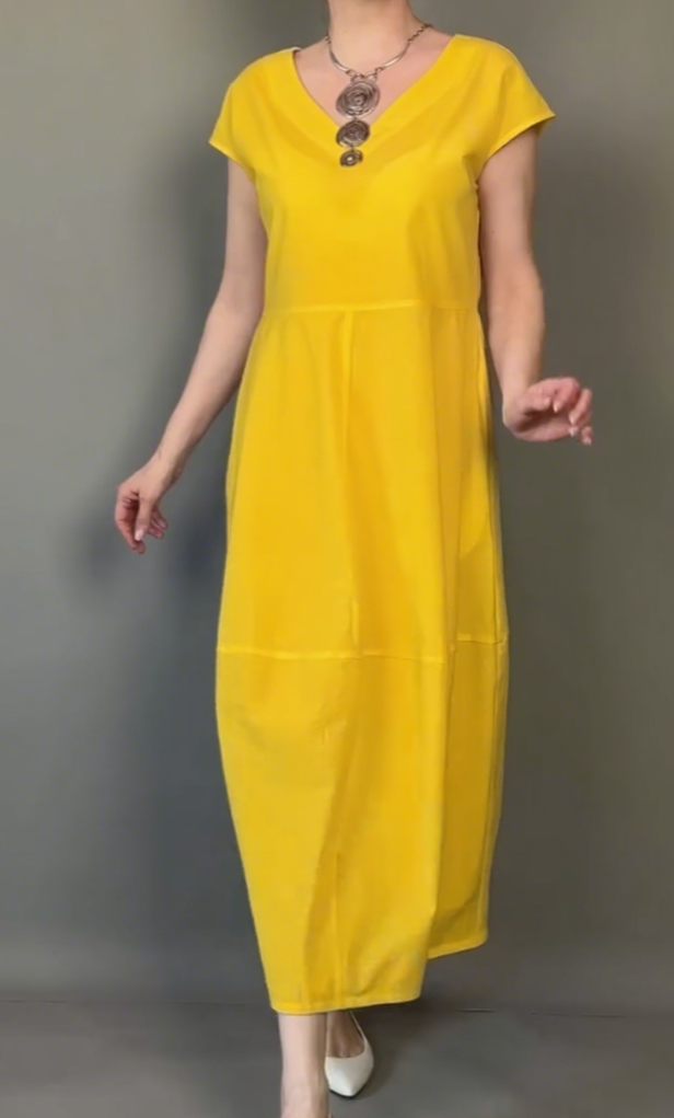 V-neck solid color stitching casual loose cotton dress