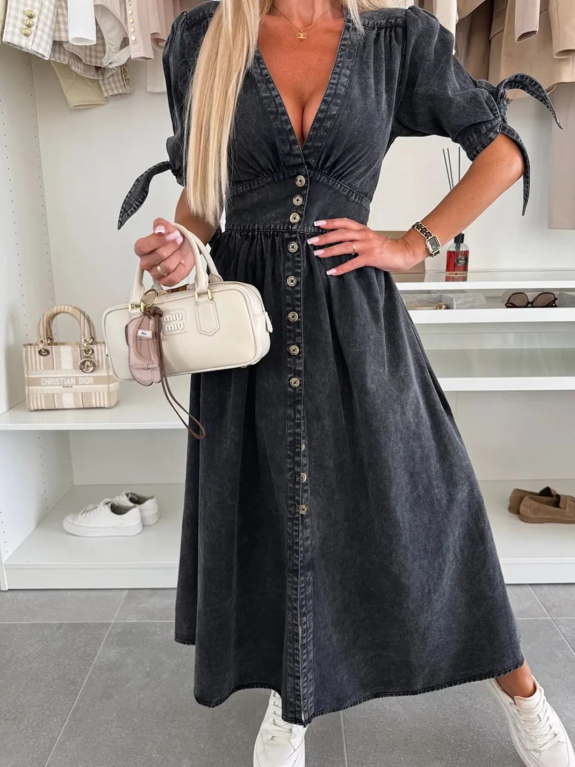 Button Front V-Neck Half Sleeve Denim Dress