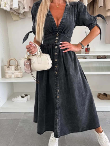 Button Front V-Neck Half Sleeve Denim Dress