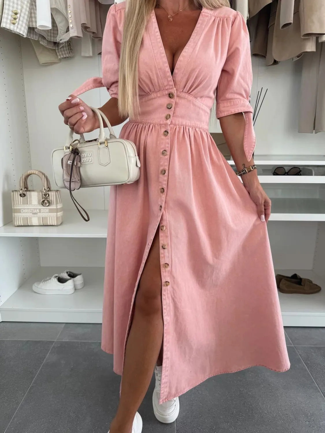 Button Front V-Neck Half Sleeve Denim Dress