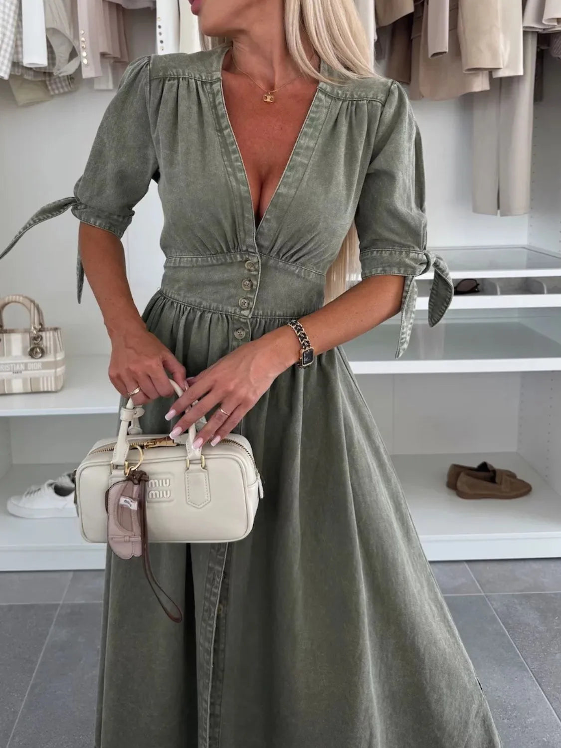 Button Front V-Neck Half Sleeve Denim Dress