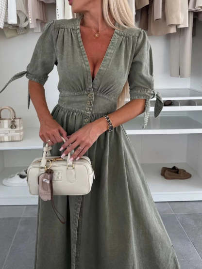 Button Front V-Neck Half Sleeve Denim Dress